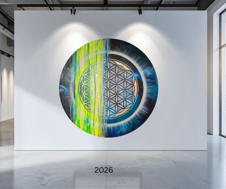 Große runde Wandmalerei in einer modernen Galerie mit einer Hälfte in grünen und gelben Farbtropfen und der anderen Hälfte mit einem blauen und schwarzen Kreis mit einem floralen Muster in der Mitte.